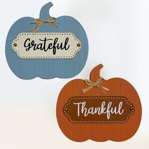 Pumpkin Table Stand Up Decor 2 Piece Decorative Wood Set Blue Orange